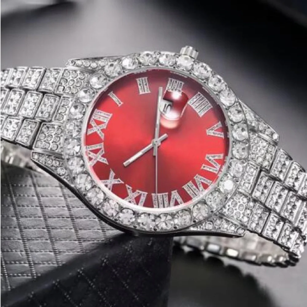 Luxury Hip Hop Silver w/Red Face Men Watch